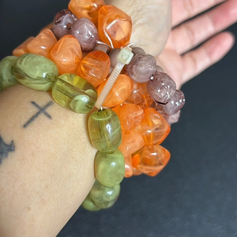 Colorful Beaded Stretch Bracelet with Orange and Green Accents